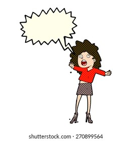 cartoon woman having trouble walking in heels with speech bubble