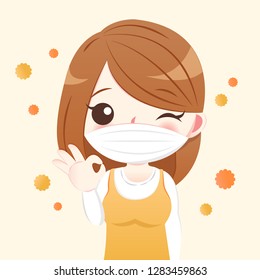 cartoon woman with hay fever concept on the yellow background