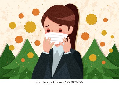 cartoon woman with hay fever concept on the yellow background