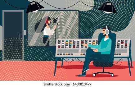 Cartoon Woman in Headphones Sing Song in Recording Studio. Sound Producer Work Mixer Panel Vector Illustration. Audio Engineer Equipment. Female Singer Live Performance Radio Broadcast