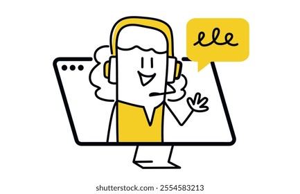 Cartoon woman with a headset on her head is talking to someone on a computer screen. She is smiling and waving at the person on the screen. Hand drawn vector illustration. Black and white.