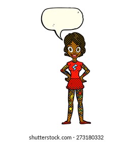 cartoon woman with heavy tattoos with speech bubble