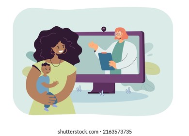 Cartoon Woman Holding Baby And Consulting Online Doctor. Medical Professional On Computer Screen Flat Vector Illustration. Medicine, Technology, Health Concept For Banner Or Landing Web Page