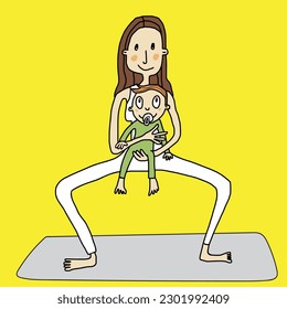 A cartoon of a woman holding a baby doing a yoga goddess pose