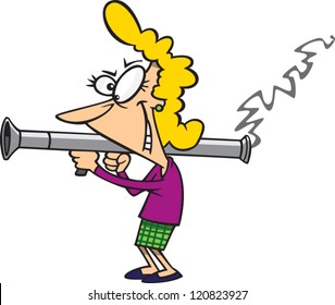 Cartoon Woman Holding A Bazooka And Smiling