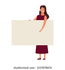 cartoon woman holding blank placard over white background, vector illustration