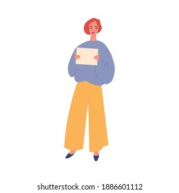 Cartoon woman holding blank protest sign - young female demonstration protester standing with placard template isolated on white background. Flat vector illustraiton.