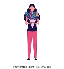 cartoon woman holding a bouquet of flowers icon over white background, vector illustration