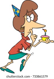 cartoon woman holding a cupcake with a candle in it tip toeing quietly to surprise someone