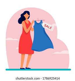 Cartoon woman holding dress for sale. Clothes, discount, store flat vector illustration. Shopping and retail concept for banner, website design or landing web page