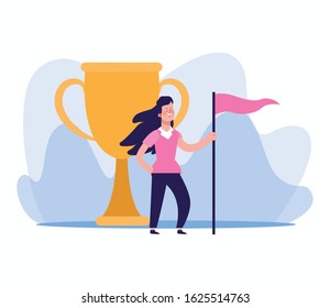 cartoon woman holding a flag and big trophy cup over white background, colorful design, vector illustration