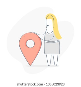 Cartoon woman holding geo pin tag pointer. GPS, position sign, direction or local business position symbol, office location marker. Flat outline vector on white background.