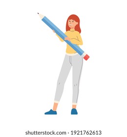 Cartoon woman holding giant pencil and smiling - young girl ready to write something with big writing instrument. Vector illustration isolated on white background.