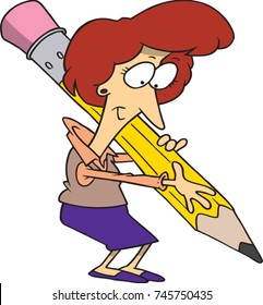 Cartoon Woman Holding A Giant Pencil