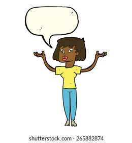 cartoon woman holding up hands with speech bubble