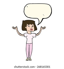 cartoon woman holding up hands with speech bubble