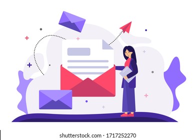 Cartoon Woman Holding Huge Envelope With Letter Flat Vector Illustration. Working Process, New Email Message, Office Paper And Mail Delivery. Business And Communication Concept