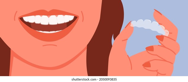 Cartoon woman holding invisalign transparent braces with smile, orthodontic denture banner template background. Invisible dental braces correction for tooth, dentistry health care vector illustration