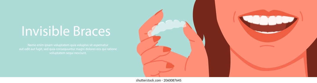 Cartoon woman holding invisalign transparent braces with smile, orthodontic denture banner template background. Invisible dental braces correction for tooth, dentistry health care vector illustration