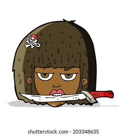 cartoon woman holding knife between teeth