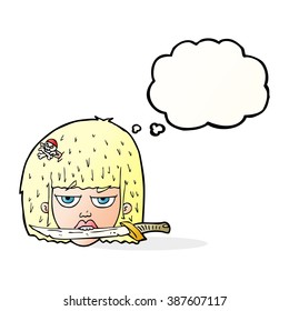 cartoon woman holding knife between teeth with thought bubble