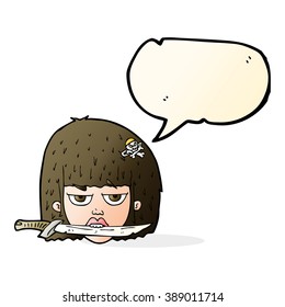 cartoon woman holding knife between teeth with speech bubble