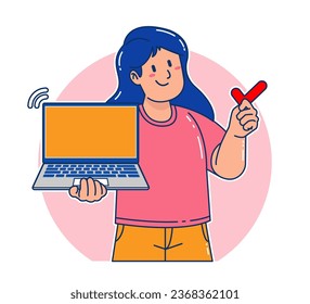Cartoon woman holding a laptop and check mark