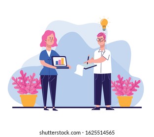 cartoon woman holding a laptop computer and man writing notes over white background, colorful design, vector illustration