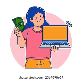 Cartoon woman holding a laptop and money