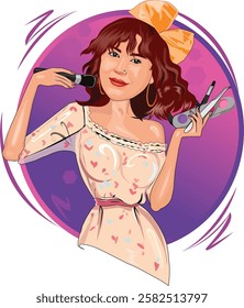 a cartoon woman holding a makeup brush