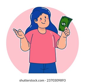 Cartoon woman holding money bills	