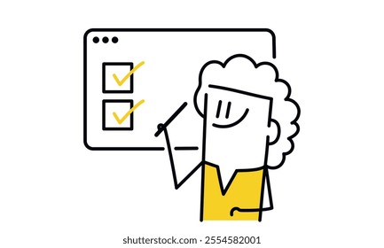 Cartoon woman is holding a pen and writing on a white board. The board has two check boxes and a smiley face. The woman is smiling. Hand drawn vector illustration. Black and white.