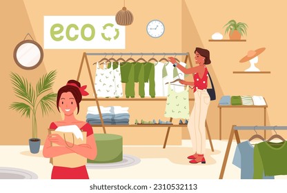 Cartoon woman holding shopping bag with eco friendly textile clothes of ethical sustainable brand, female characters choose outfit on hanger of trendy boutique. Eco fashion vector illustration