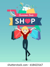 Cartoon Woman Holding Shopping Bag With Shopping Banner