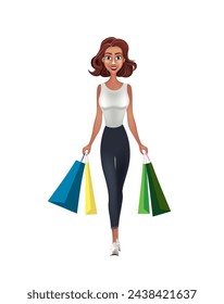 Cartoon woman holding shopping bags, vector