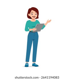 Cartoon woman holding tablet and gesturing with hand in a friendly pose illustration