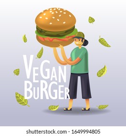 Cartoon woman holds a green tasty vegan burger in hands. Happy vegan girl standing surrounded by leaves 