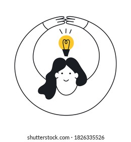 The cartoon woman holds her arms above her head covering the creativity light bulb. Idea generation, solution, thinking outside the box concept. Flat clean line vector illustration on white