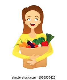A cartoon woman holds a paper bag with vegetables in her hands. Happy housewife with shopping. Vector illustration isolated on white background.