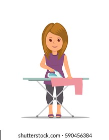 Cartoon woman housewife ironing clothes on iron board. Modern girl busy household chores. Concept design housework in flat style.