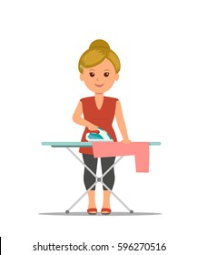 Cartoon woman housewife ironing clothes on iron board. Modern girl busy household chores. Concept design housework in flat style. Vector Illustration.