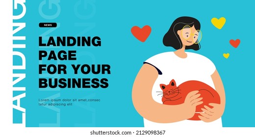 Cartoon woman hugging cat affectionately. Flat vector illustration. Girl with white hair holding red-haired pet in her hands with feeling of affection. Pet, animal, care, loneliness, love concept