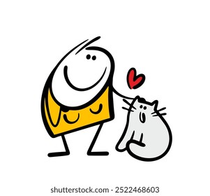 Mujer de la historieta abraza y da palmaditas a su gatito en la cabeza. Ilustración vectorial de un stickman cariñoso y mascota linda. Corazón, amor y amistad.