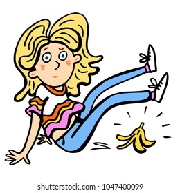 Cartoon woman. Incidents. Letdown. Female. Banana peel. Injury. Fruits. Person. Character illustrations. Vector graphic art for design.