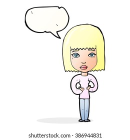 cartoon woman indicating self with speech bubble