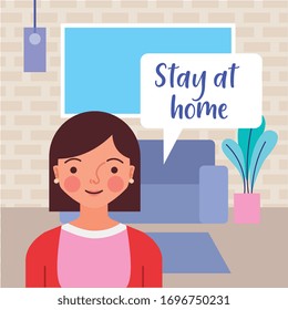 cartoon woman inside the house with message stay at home. vector illustration
