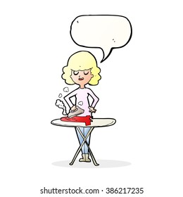cartoon woman ironing with speech bubble