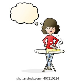 cartoon woman ironing with thought bubble