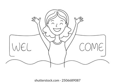 A cartoon woman joyfully extends her arms, holding a vibrant welcome sign, inviting everyone with a warm smile One line continuous line art vector illustration on white background