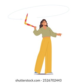 Cartoon Woman Joyfully Throwing Boomerang In The Air And Exhibiting A Happy Expression. Vector Image Represents Fun, Playfulness, And Outdoor Activity, Capturing The Essence Of Leisure And Recreation